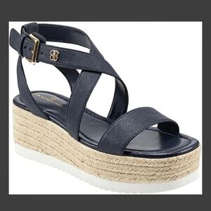 BANDOLINO Navy Logo Woven Padded Major‎ Square Toe Wedge Heeled Sandal 9.5 M